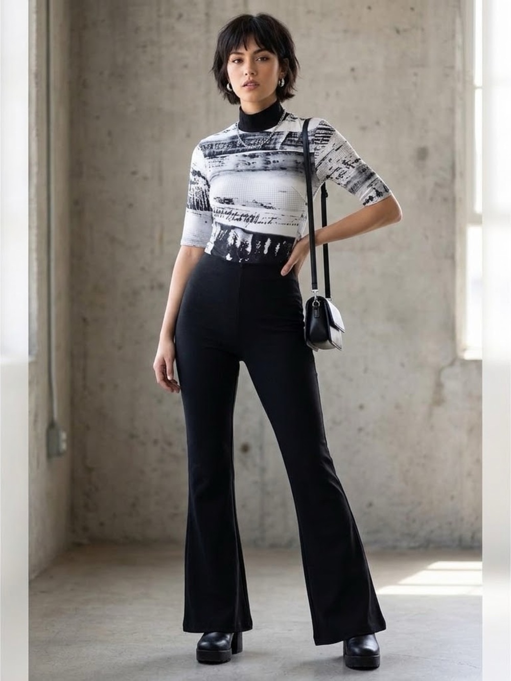 Osklen Size M Black White Abstract Print Stretch Knit Mock Neck Bodysuit